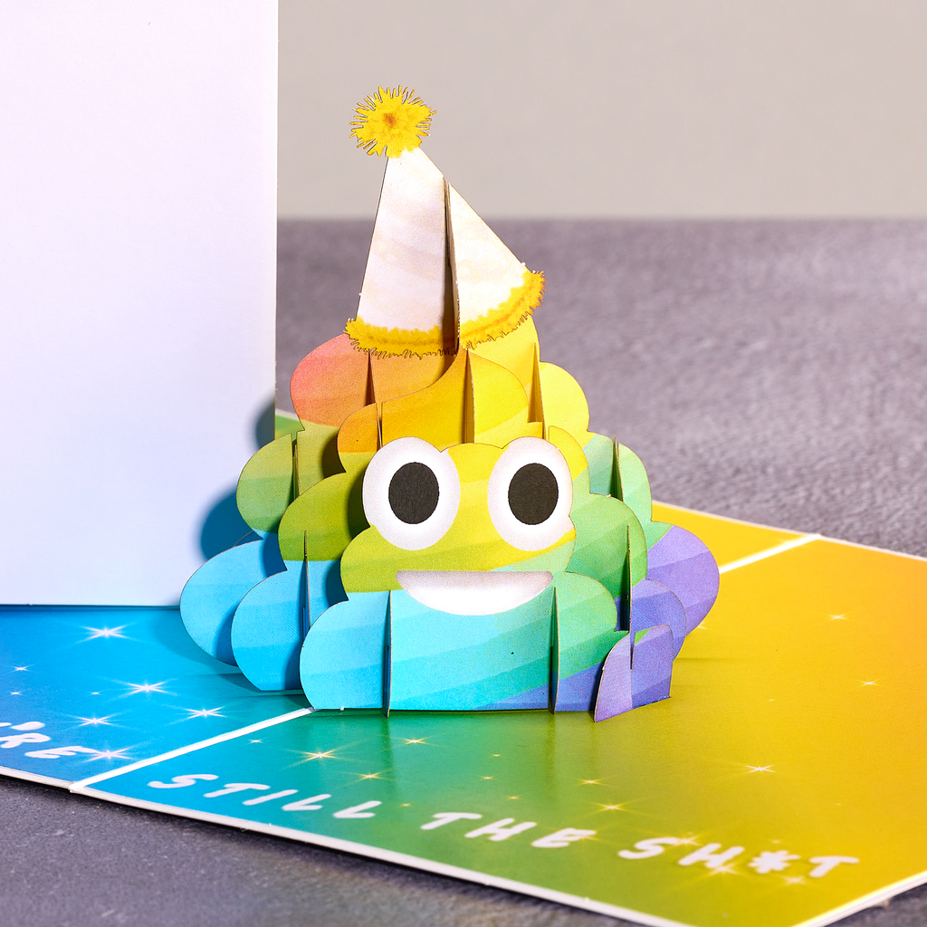 Colorful paper monster with a party hat on a colorful card