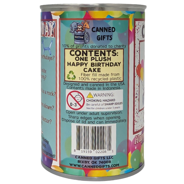 Canned gift labeled 'Happy Birthday Cake' with colorful design and text.