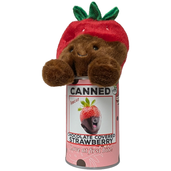 Plush toy resembling a bear in a strawberry costume with a canned strawberry label.