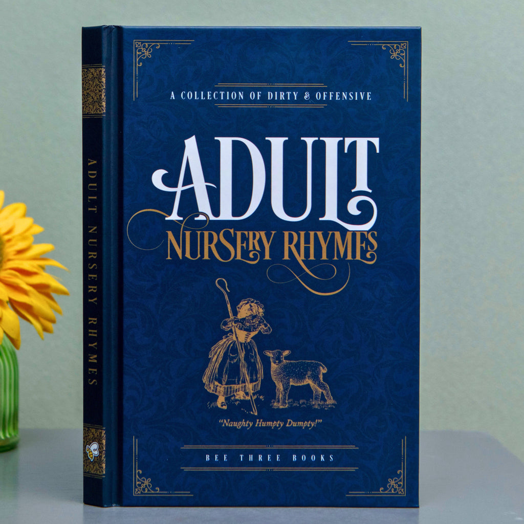 Book titled 'Adult Nursery Rhymes' with decorative cover on a light gray background