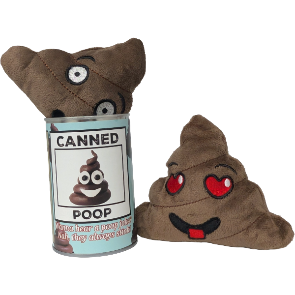 Plush poop emoji toys with a can labeled 'Canned Poop' on a white background