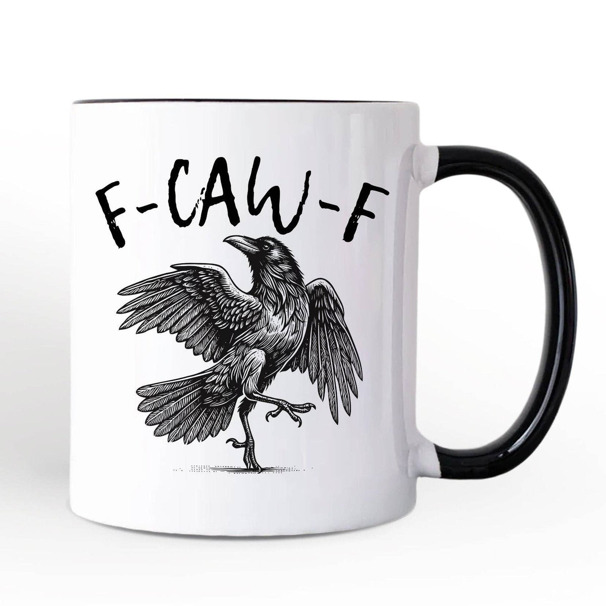 Mug with a crow illustration and 'F-CAW-F' text on a white background