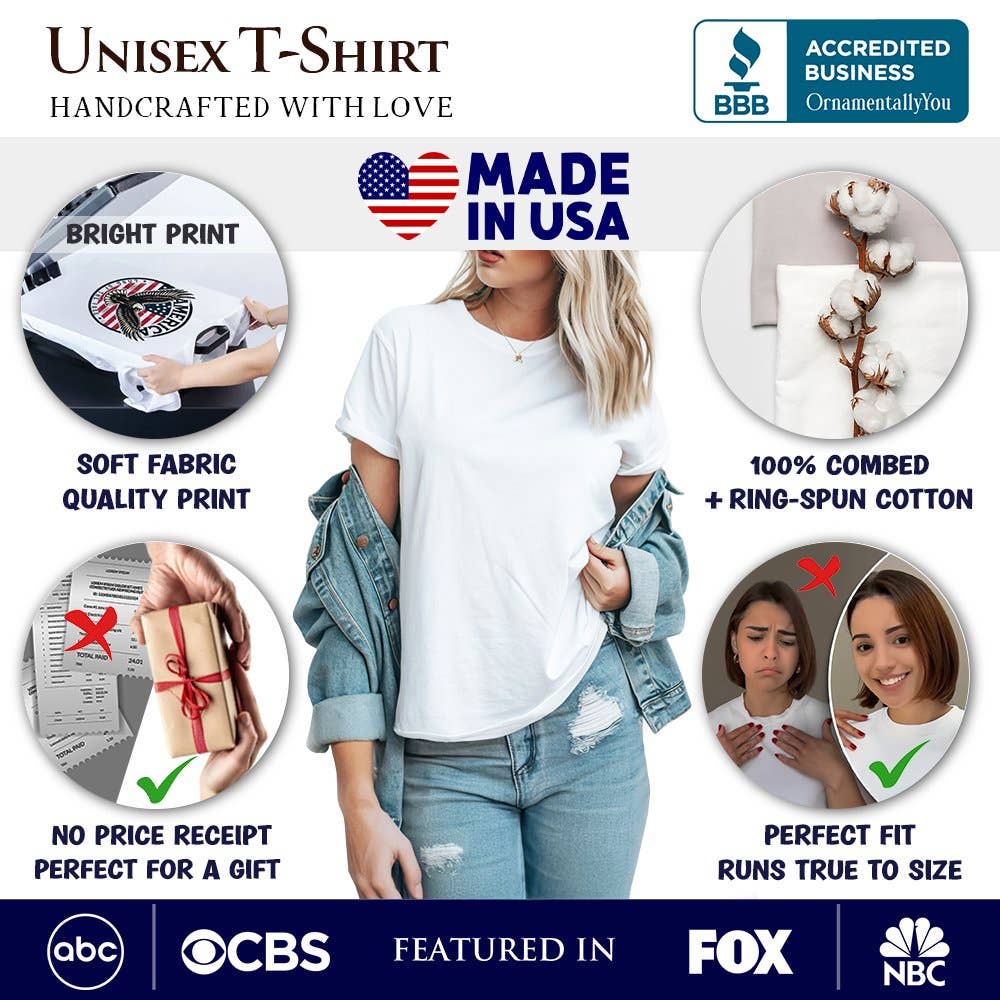 Unisex t-shirt advertisement with product features and branding elements.