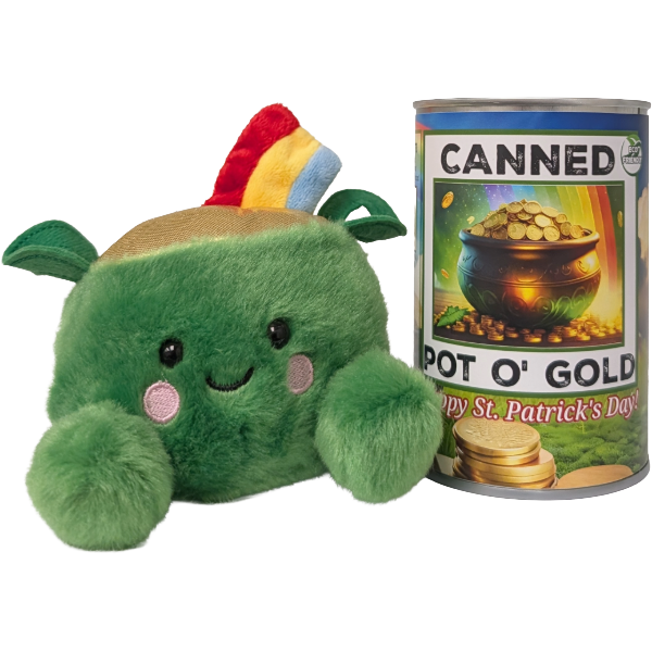Green plush toy with a can labeled 'Canned Pot O' Gold' on a white background