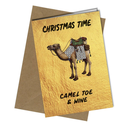 Christmas card with a camel illustration and text 'Christmas Time, Camel Toe & Wine' on a yellow background.