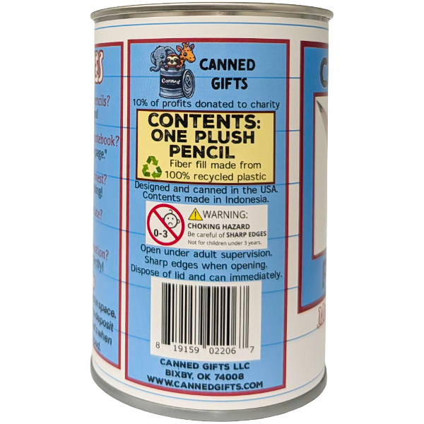 Canned gift with plush pencil inside, featuring a blue label and branding.