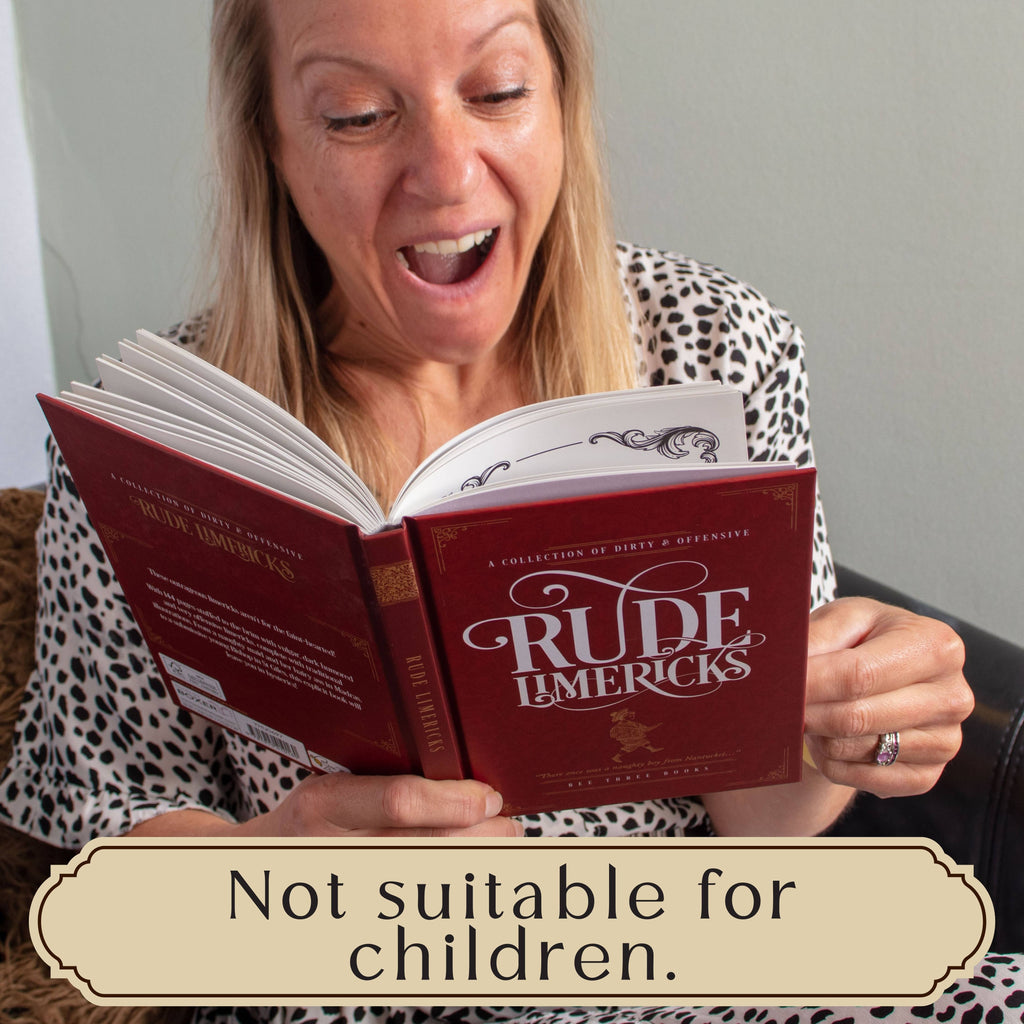 Woman reading a book titled 'Rude Limericks' with a warning label at the bottom.