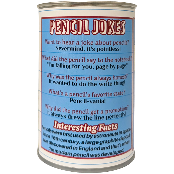 Can of 'Pencil Jokes' with humorous text on a white background