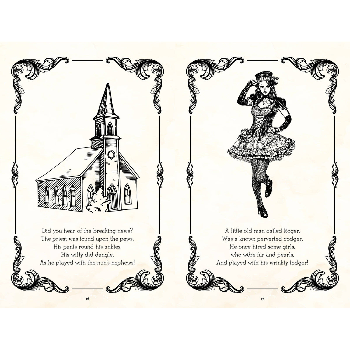 Illustration of a church and a woman in a dress with text on a white background