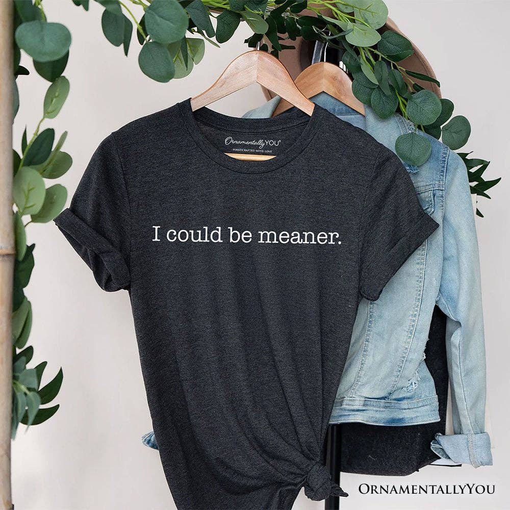 Dark gray t-shirt with 'I could be meaner' text on a hanger with greenery and denim jacket in the background.