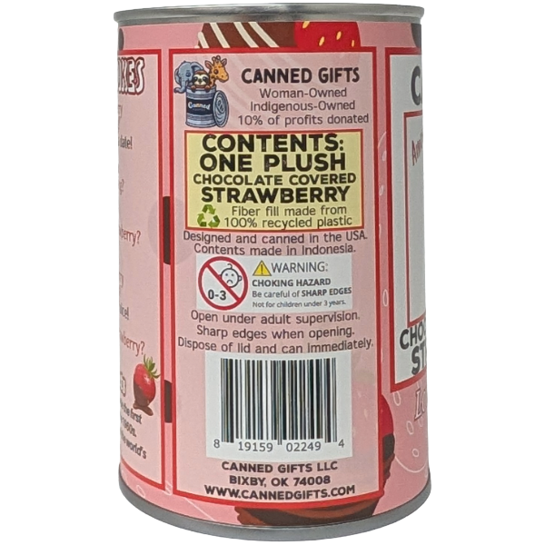 Canned gift with strawberry plush toy label on a white background