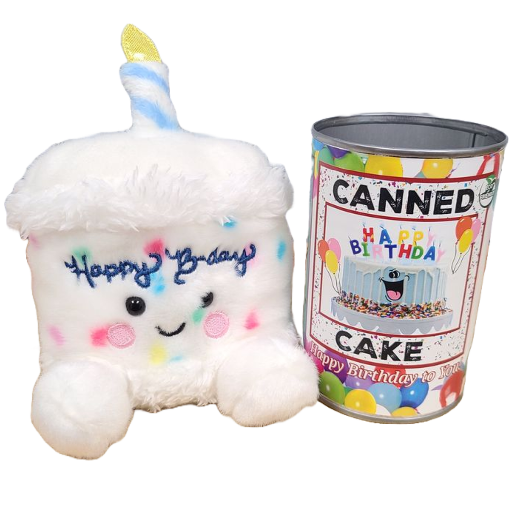 Plush birthday cake toy with candle next to a can labeled 'Canned Happy Birthday Cake'.