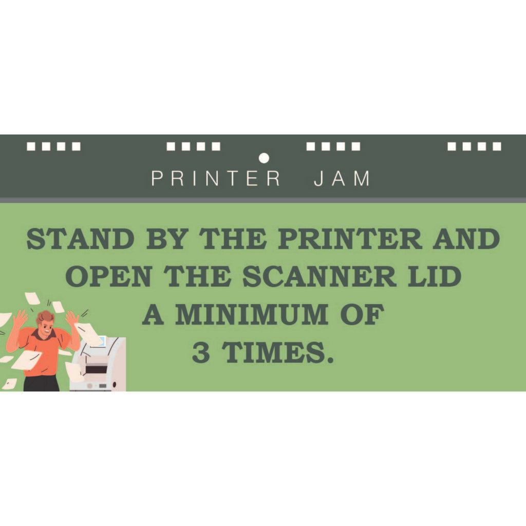 Instructional graphic for printer jam with text and illustration of a person standing by a printer.