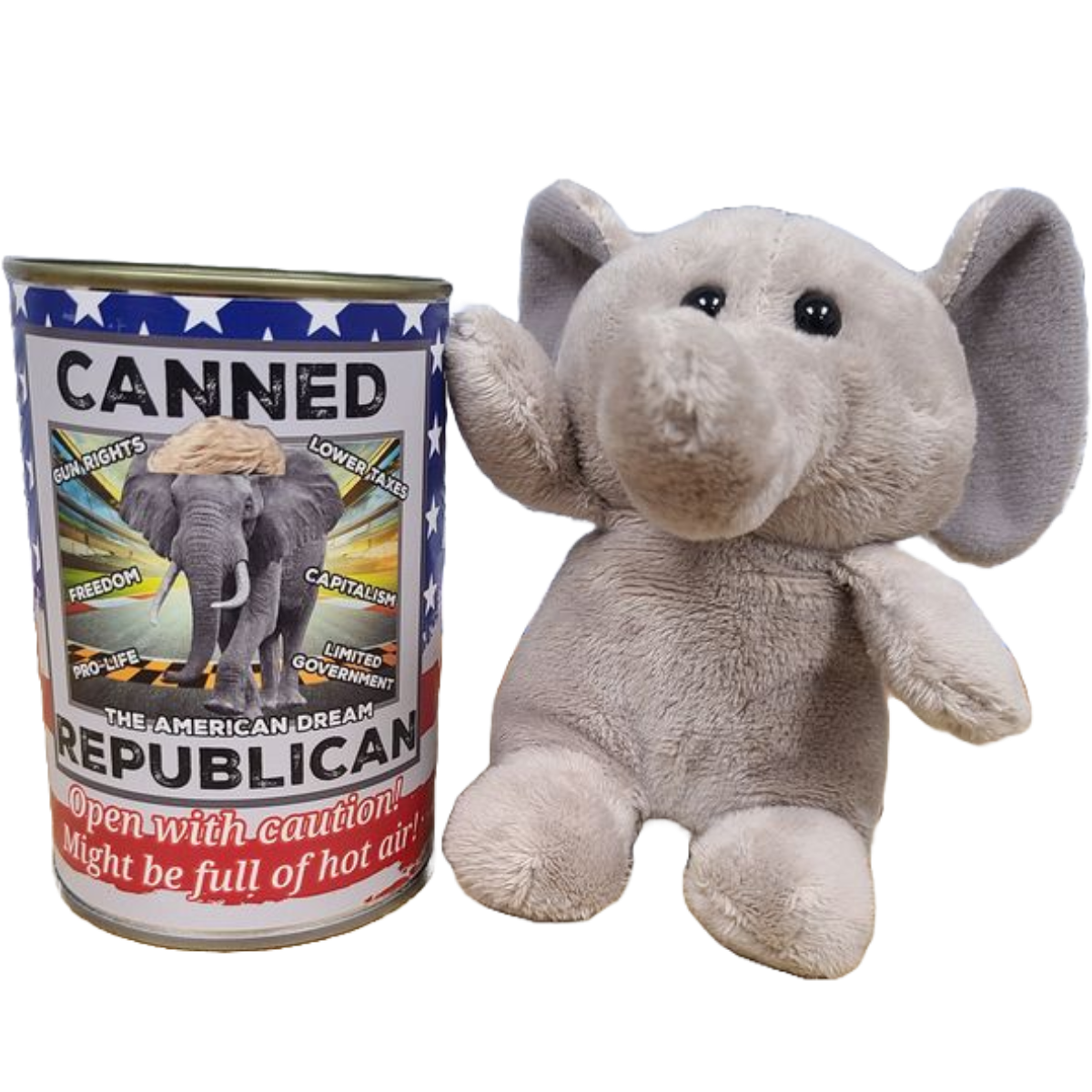 Plush elephant toy next to a can labeled 'Canned Republican' on a white background
