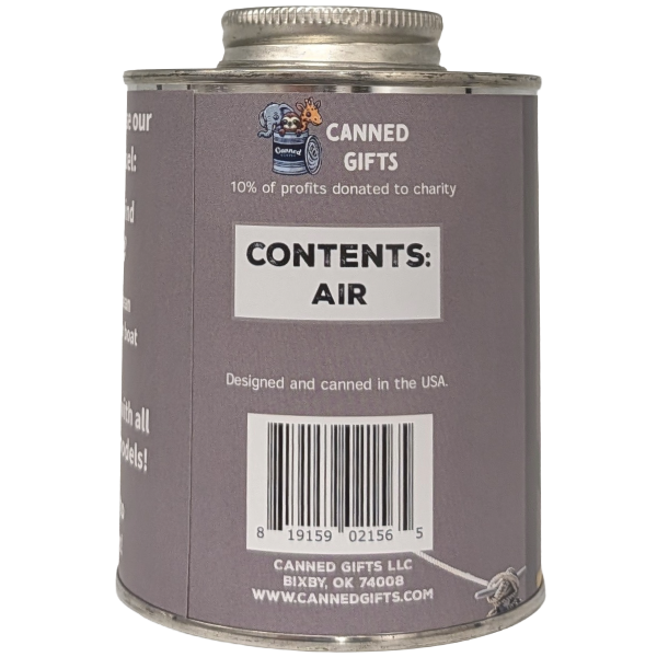 A cylindrical metal can with a gray label reading 'CONTENTS: AIR' and 'CANNED GIFTS' at the top, photographed on a plain white background.