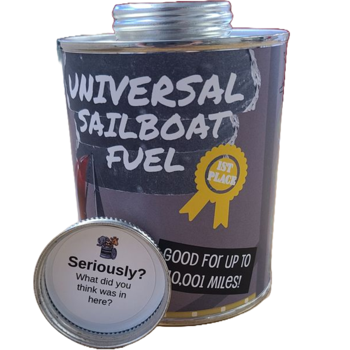 Can of 'Universal Sailboat Fuel' with humorous label and award ribbon.