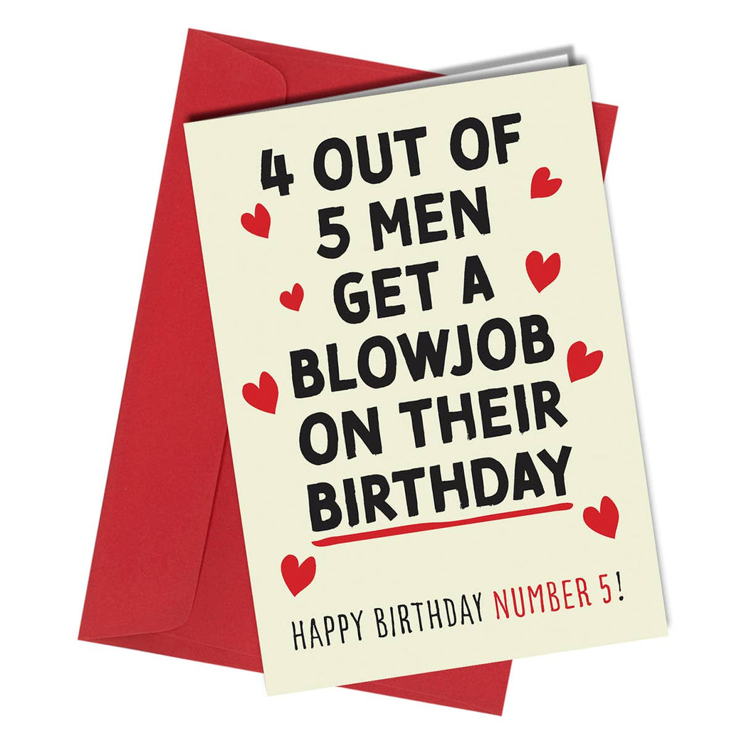 Birthday card with humorous text and red hearts on a white background