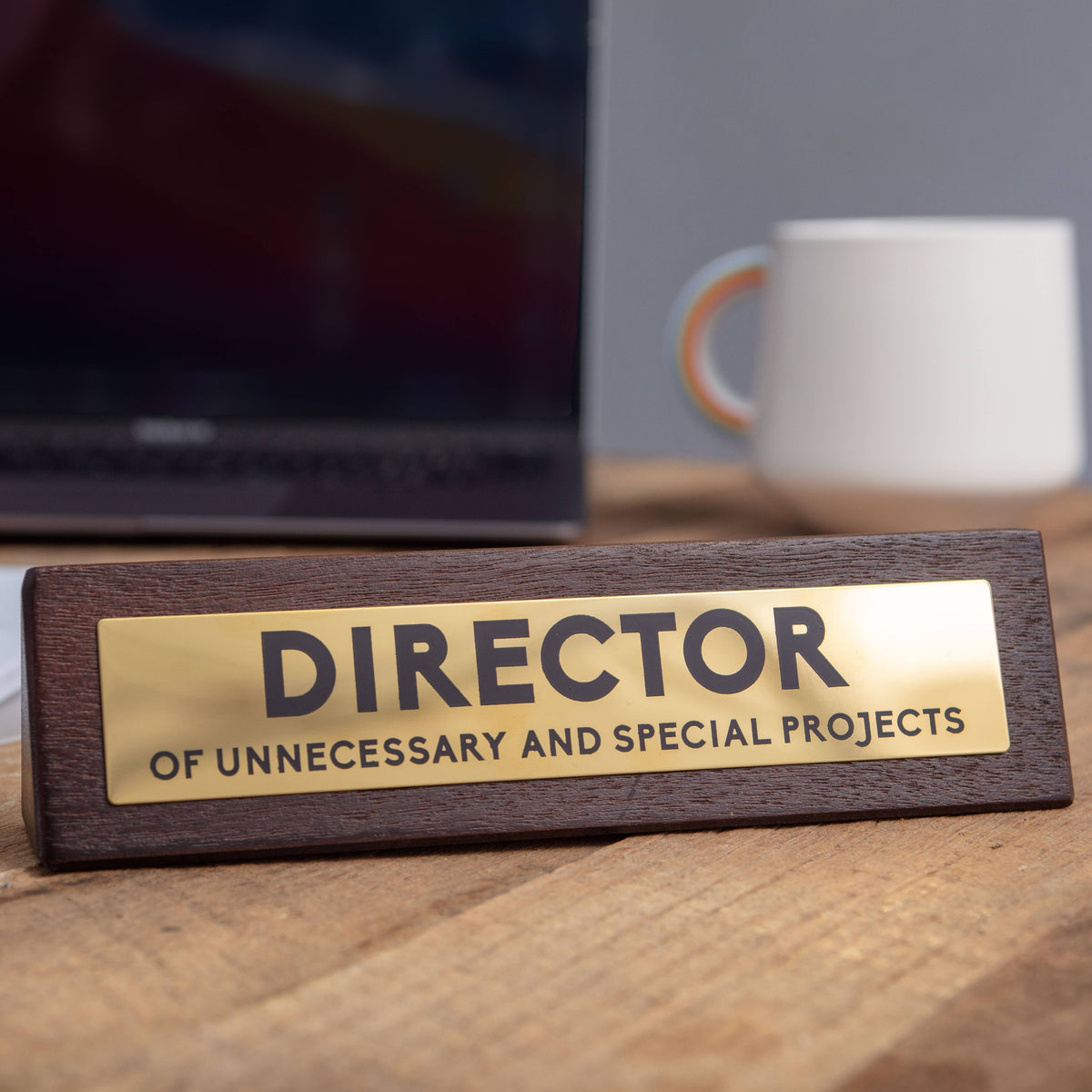 Wooden nameplate with 'DIRECTOR OF UNNECESSARY AND SPECIAL PROJECTS' on a desk with a laptop and mug in the background.