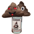 Plush toy shaped like a poop emoji in a can with a label on a white background