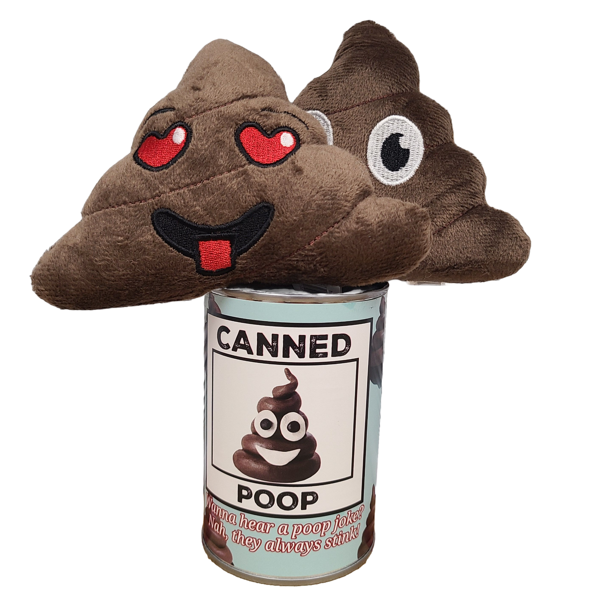 Plush toy shaped like a poop emoji in a can with a label on a white background