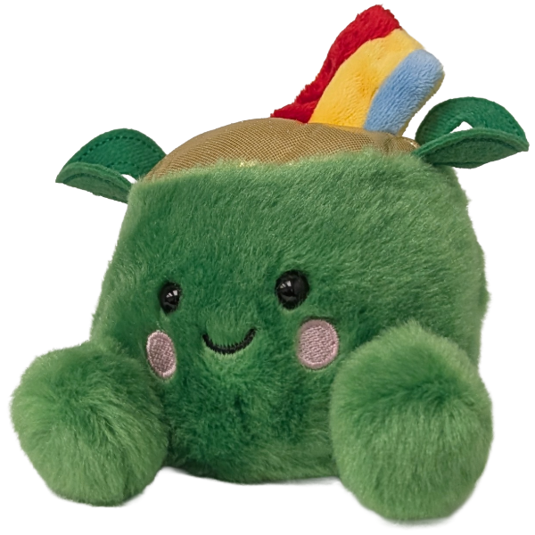 Green plush toy with a rainbow hat on a white background