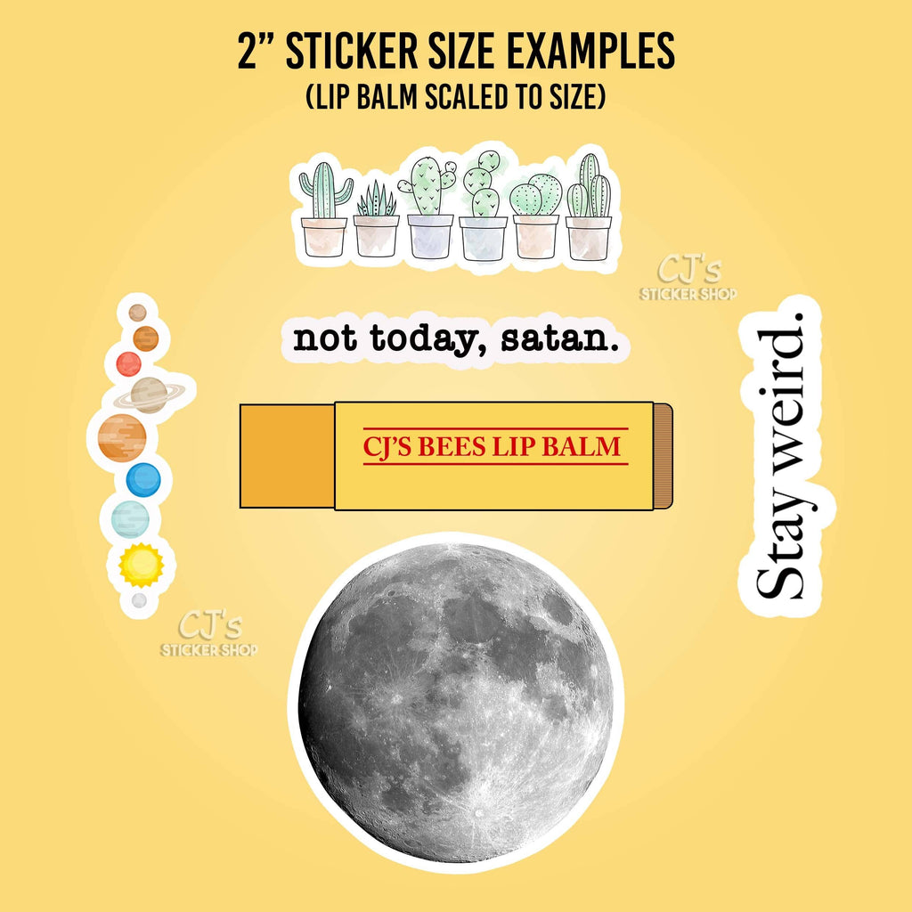 Examples of 2-inch sticker size on a yellow background with lip balm and text.