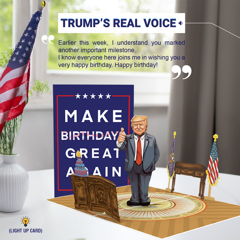 Greeting card with cartoon figure of a man in a suit, American flags, and text 'Make Birthday Great Again'.