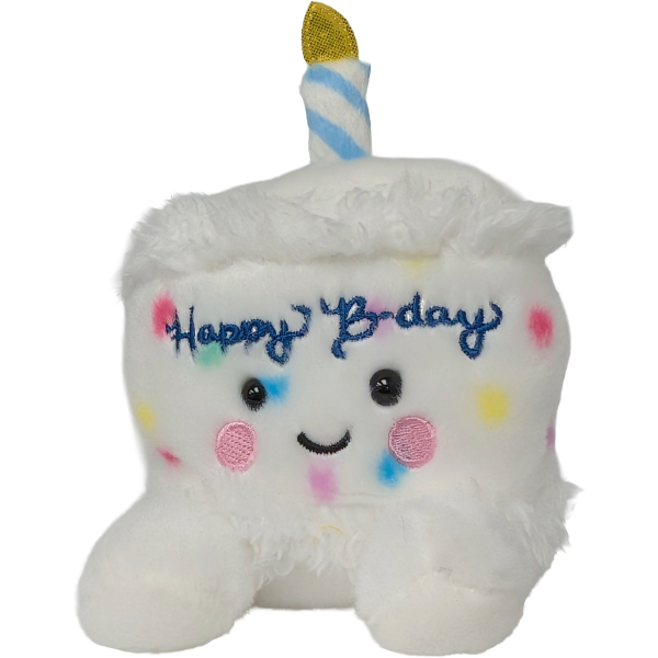 Plush toy resembling a birthday cake with a candle and 'Happy B-day' text on a white background