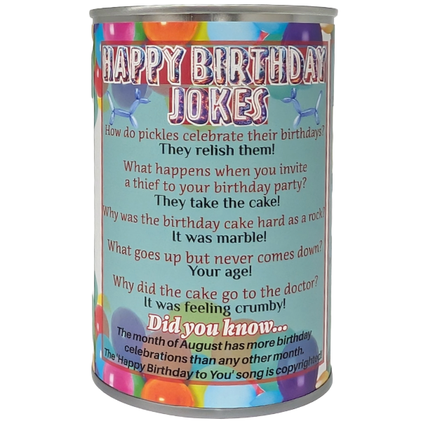 Canister labeled 'Happy Birthday Jokes' with humorous text on a white background