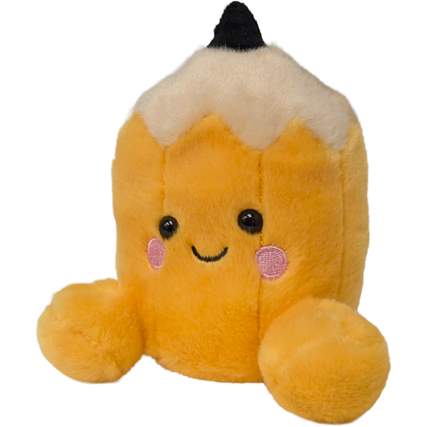 Plush pencil toy with a smiling face on a white background