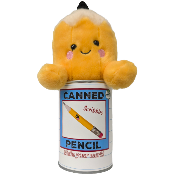 Plush toy resembling a pencil with a can labeled 'Canned Scribbles' on a white background
