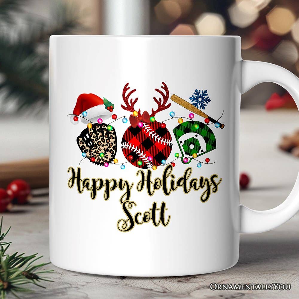 White mug with Christmas-themed design and 'Happy Holidays Scott' text, set against a blurred festive background.