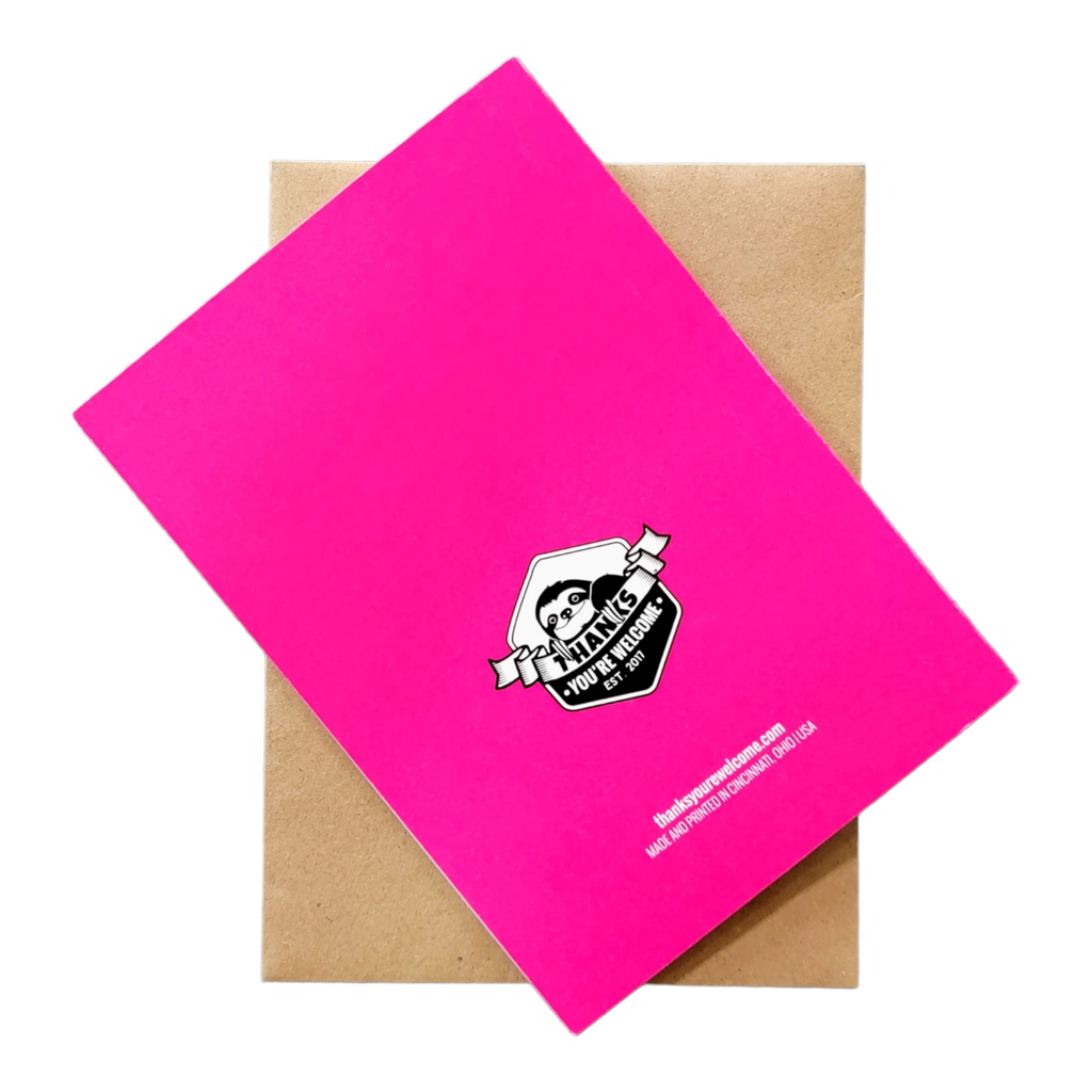 Pink card with a logo and text on a brown envelope