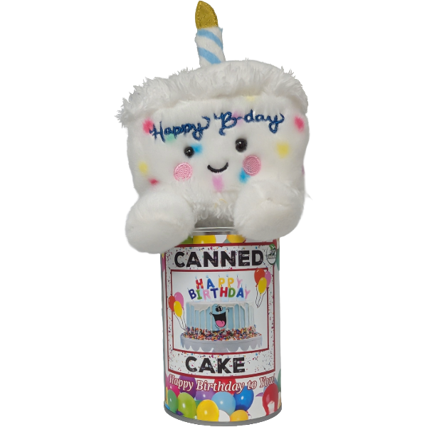 Plush toy resembling a birthday cake with a candle on top, labeled 'Happy B'day', inside a can labeled 'Canned Happy Birthday Cake'.