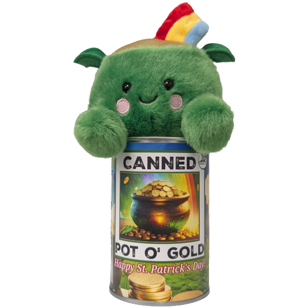 Plush toy with a rainbow hat on top of a 'Canned Pot O' Gold' St. Patrick's Day can