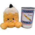 A cute yellow plush pencil toy with a white faux-fur top and black tip, shown next to a tin can labeled 'CANNED Scribbles PENCIL' on a plain white background.