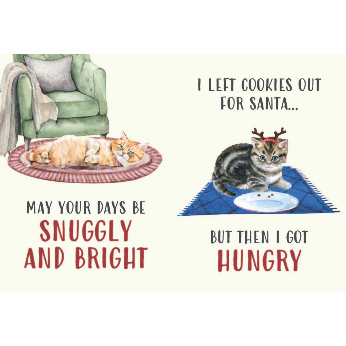 Two Christmas-themed cards with cats and text on a white background