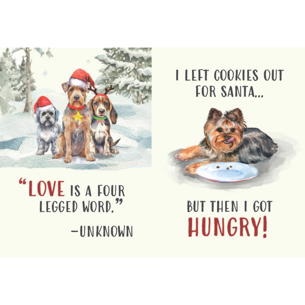 Two Christmas-themed cards with dogs and humorous text.