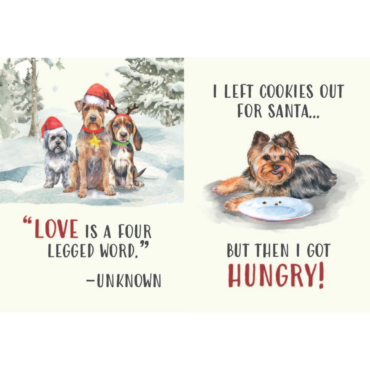 Two Christmas-themed cards with dogs and humorous text.