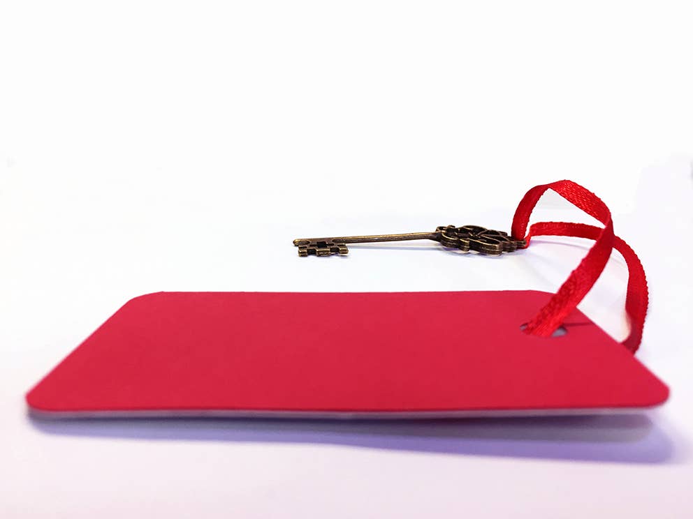 Red keychain with a gold key on a white background