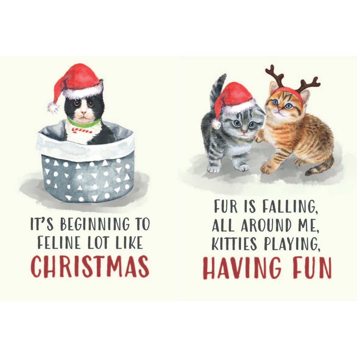 Two Christmas-themed cards with cats wearing Santa hats and reindeer antlers, featuring humorous Christmas text.