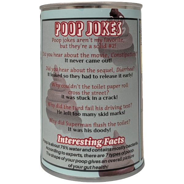 Can of 'Poop Jokes' with humorous text and facts on a light blue background