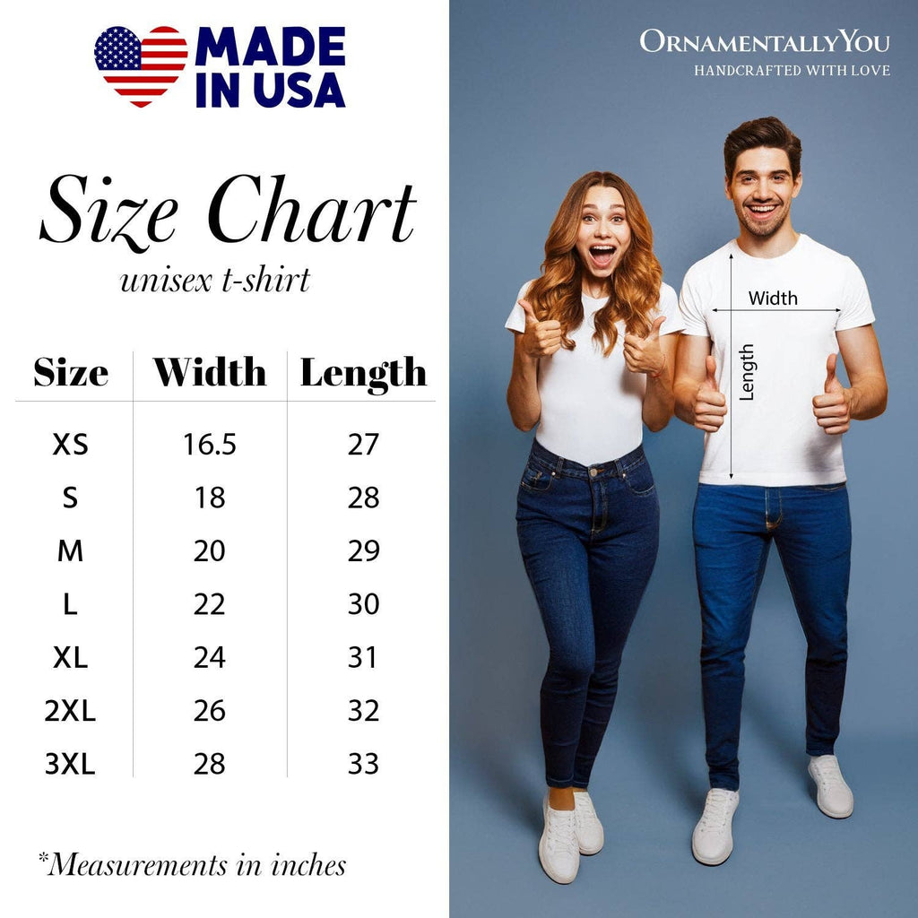 Size chart for unisex t-shirts with a man and woman model displaying measurements.
