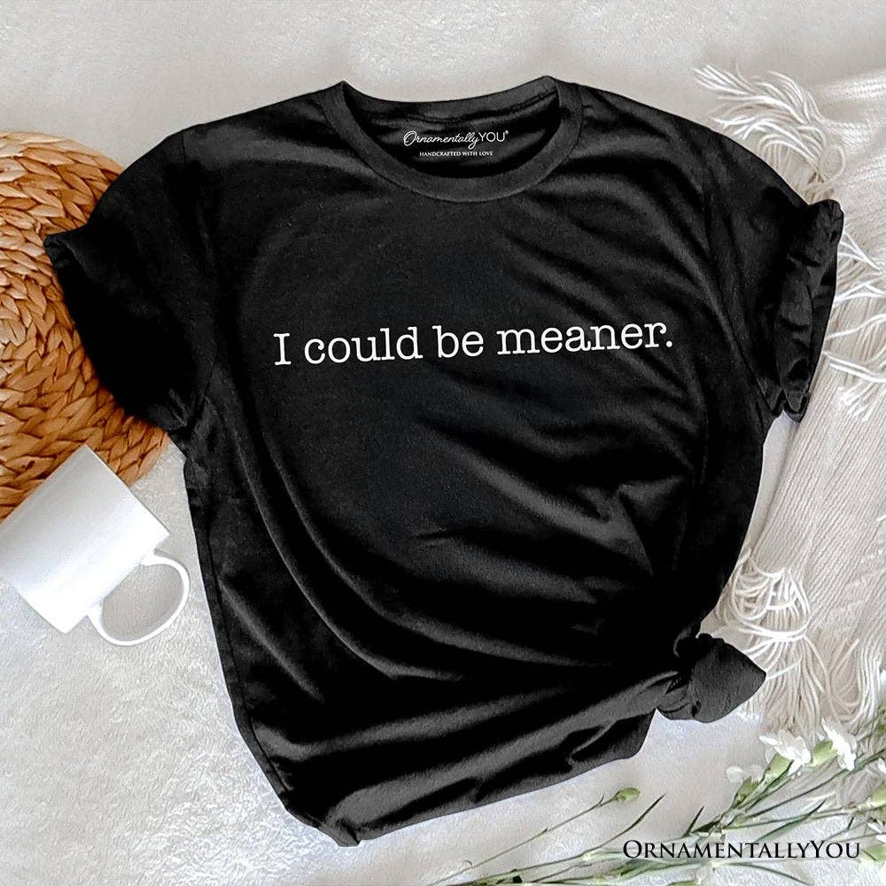 Black t-shirt with 'I could be meaner.' text on a textured surface.