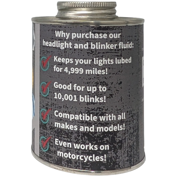 Can of headlight and blinker fluid with text on a white background
