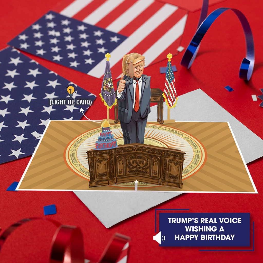 Birthday card with a 3D figure of a politician at a podium, American flag, and celebratory elements on a red background.
