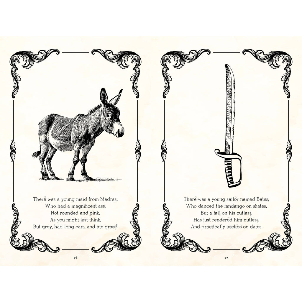 Illustration of a donkey and a sword with decorative frames and text on a white background