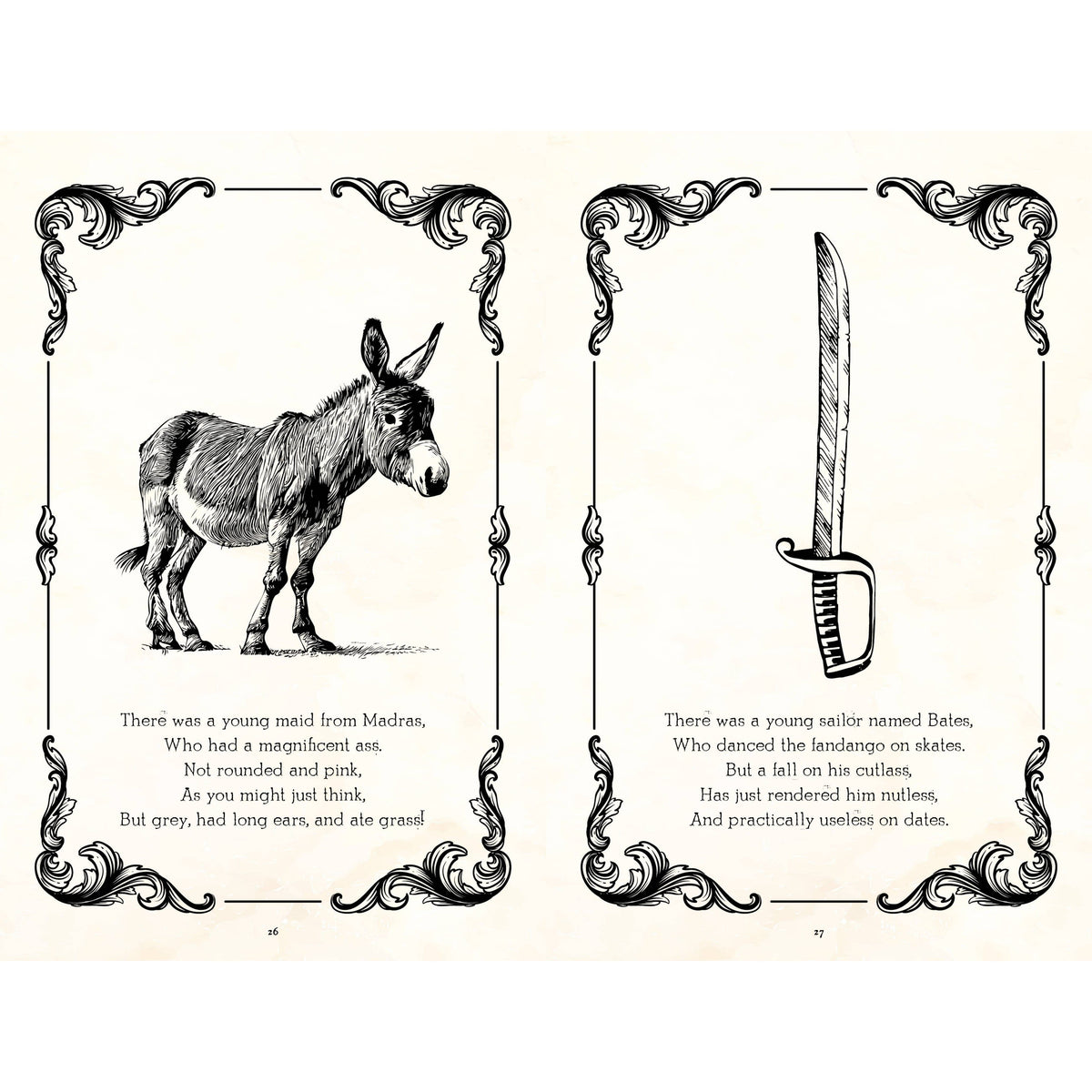 Illustration of a donkey and a sword with decorative frames and text on a white background