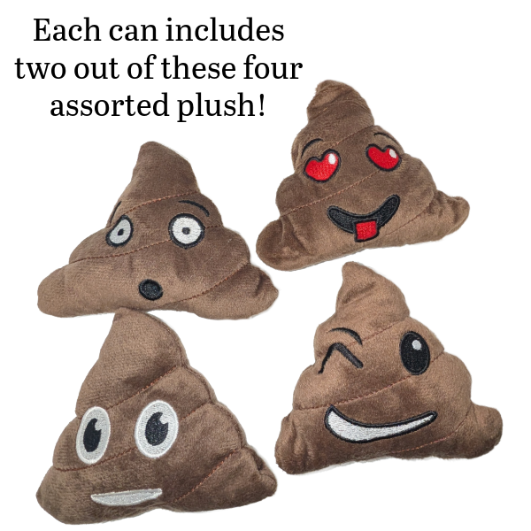 Four poop-shaped plush toys with various facial expressions on a white background.