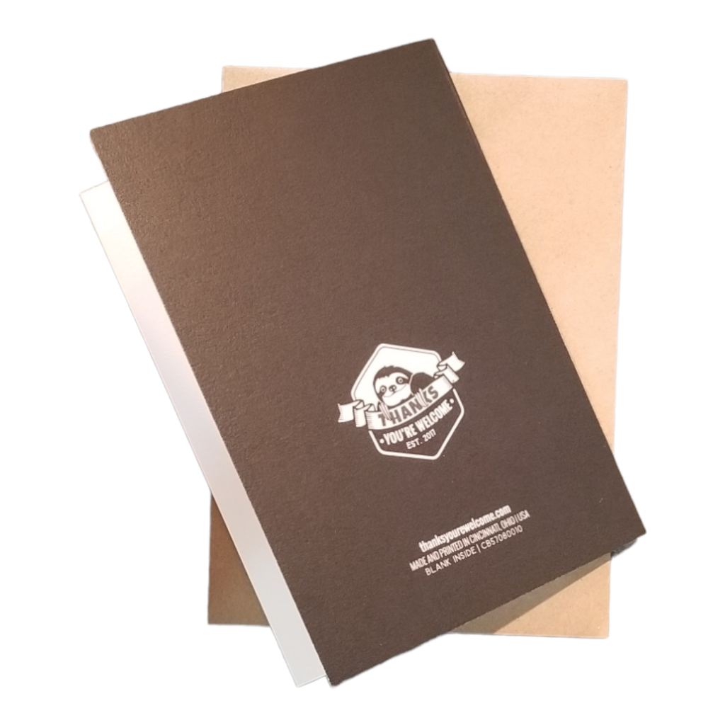 Brown notebook with a logo and text on a white background